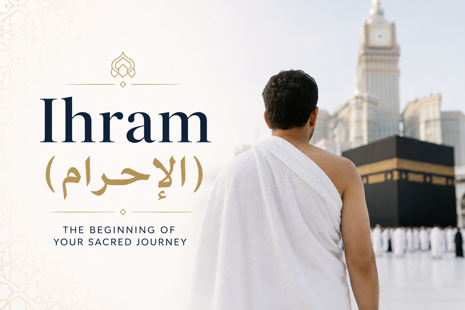 Pilgrims wearing white Ihram clothing at Miqat preparing for Umrah or Hajj, symbolizing entry into the sacred state of Ihram before pilgrimage