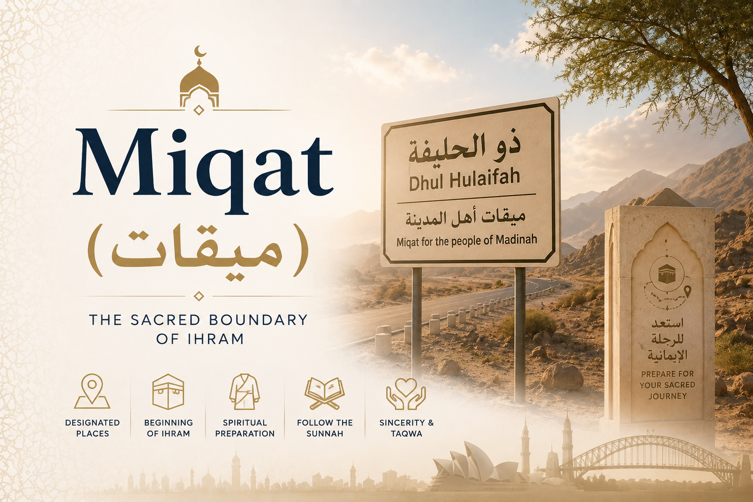Pilgrims at Miqat boundary station in Saudi Arabia preparing to enter Ihram for Umrah, marking the designated point before entering Makkah