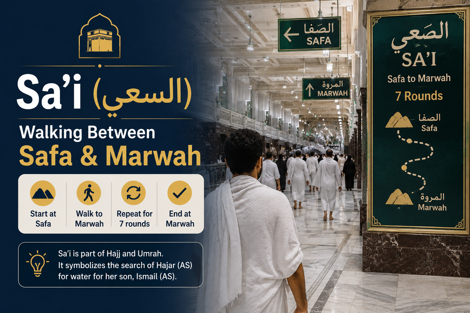 Pilgrims performing Sa’i between Safa and Marwah in Masjid al-Haram, Makkah during Umrah, walking seven laps as part of pilgrimage rituals