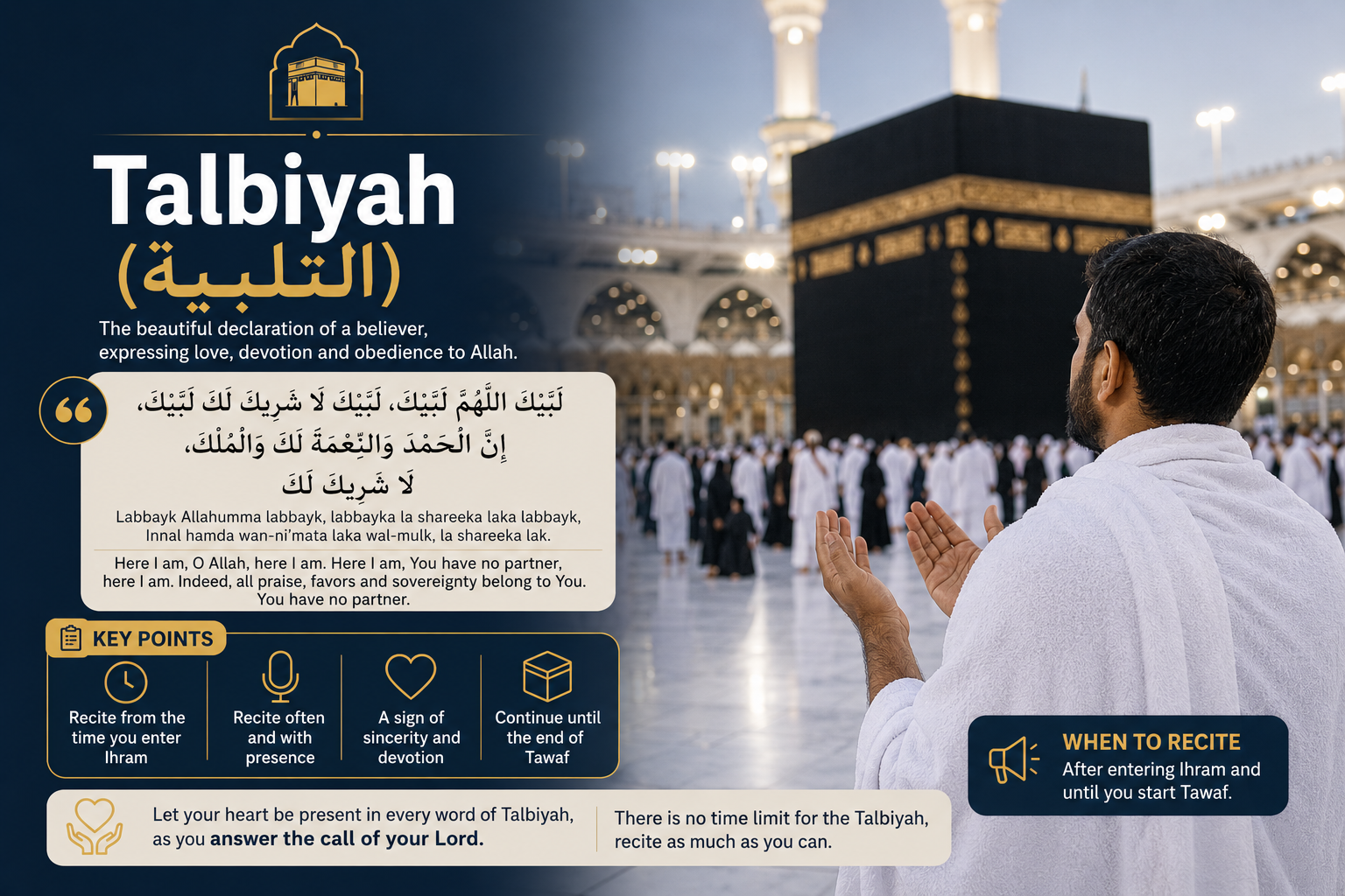Pilgrims in Ihram reciting Talbiyah (Labbayk Allahumma Labbayk) during Hajj or Umrah journey in Makkah, expressing devotion at Masjid al-Haram