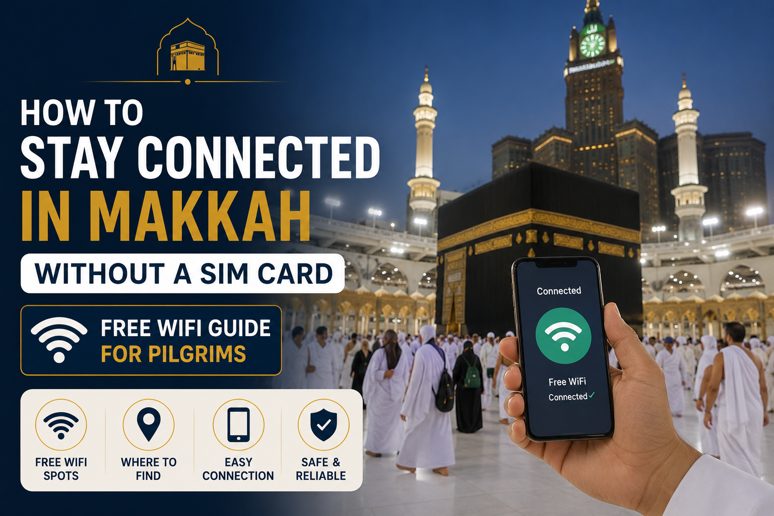 Pilgrims using smartphone in Masjid al-Haram courtyard in Makkah, connecting to free WiFi during Umrah without SIM card.