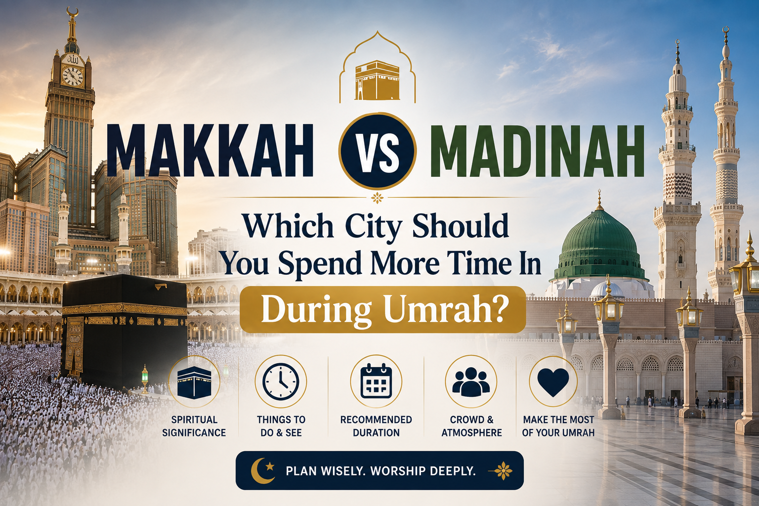 Pilgrims performing Umrah in Makkah with Kaaba in foreground and Masjid an-Nabawi in Madinah shown in a split scenic composition