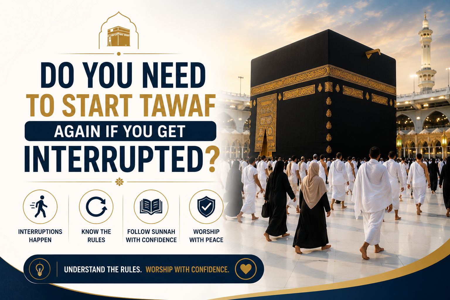 Pilgrims performing Tawaf around the Kaaba in Masjid al-Haram, Makkah, showing a moment of brief interruption before continuing the ritual from the same point