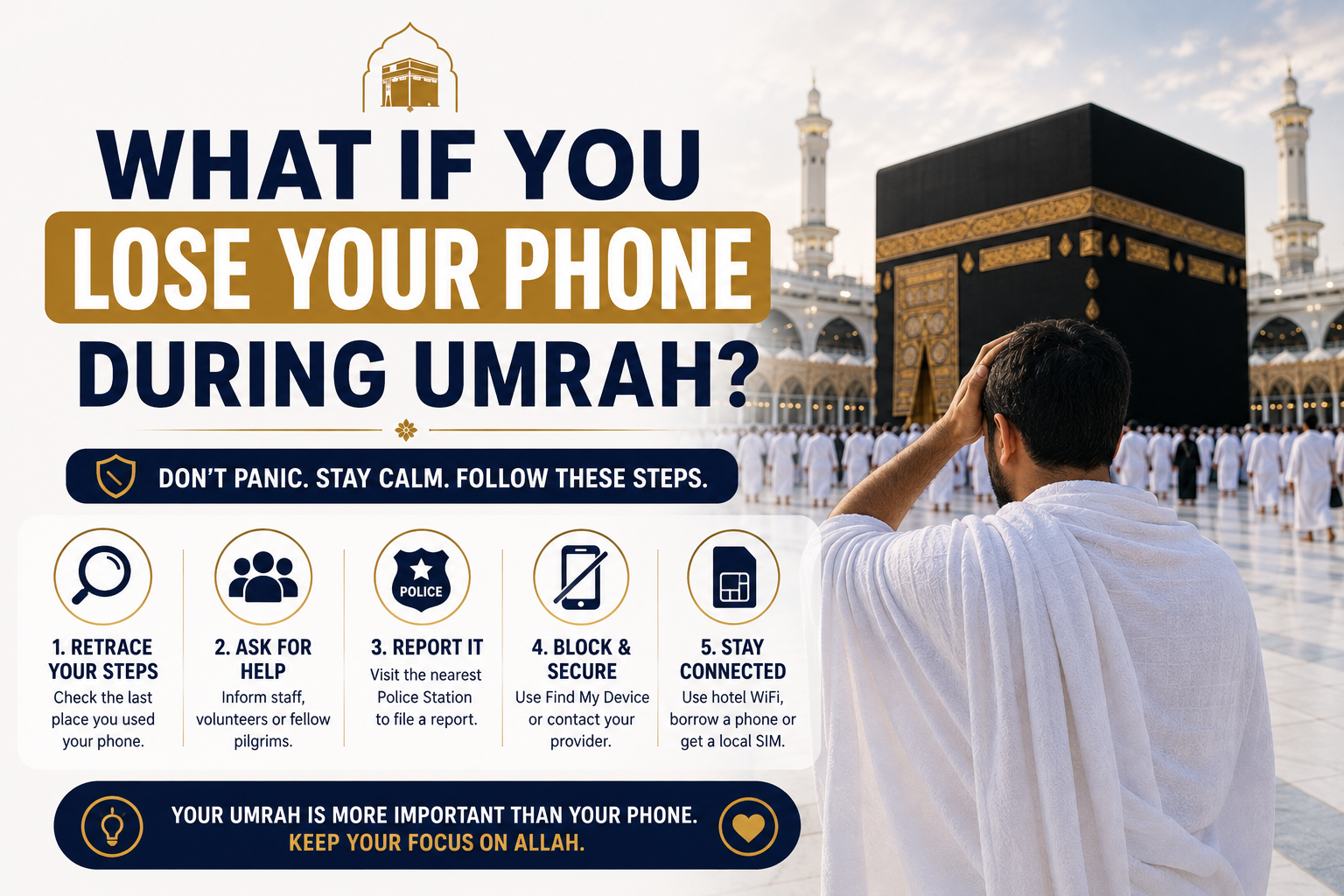 Stressed pilgrim checking empty pocket near Masjid al-Haram in Makkah after losing mobile phone during Umrah journey