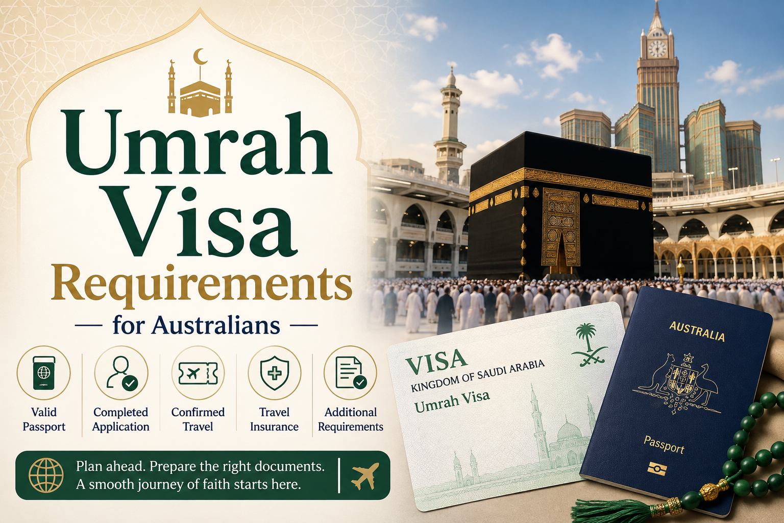Australian pilgrims preparing documents for Umrah visa application with passport, travel forms, and Saudi Arabia background