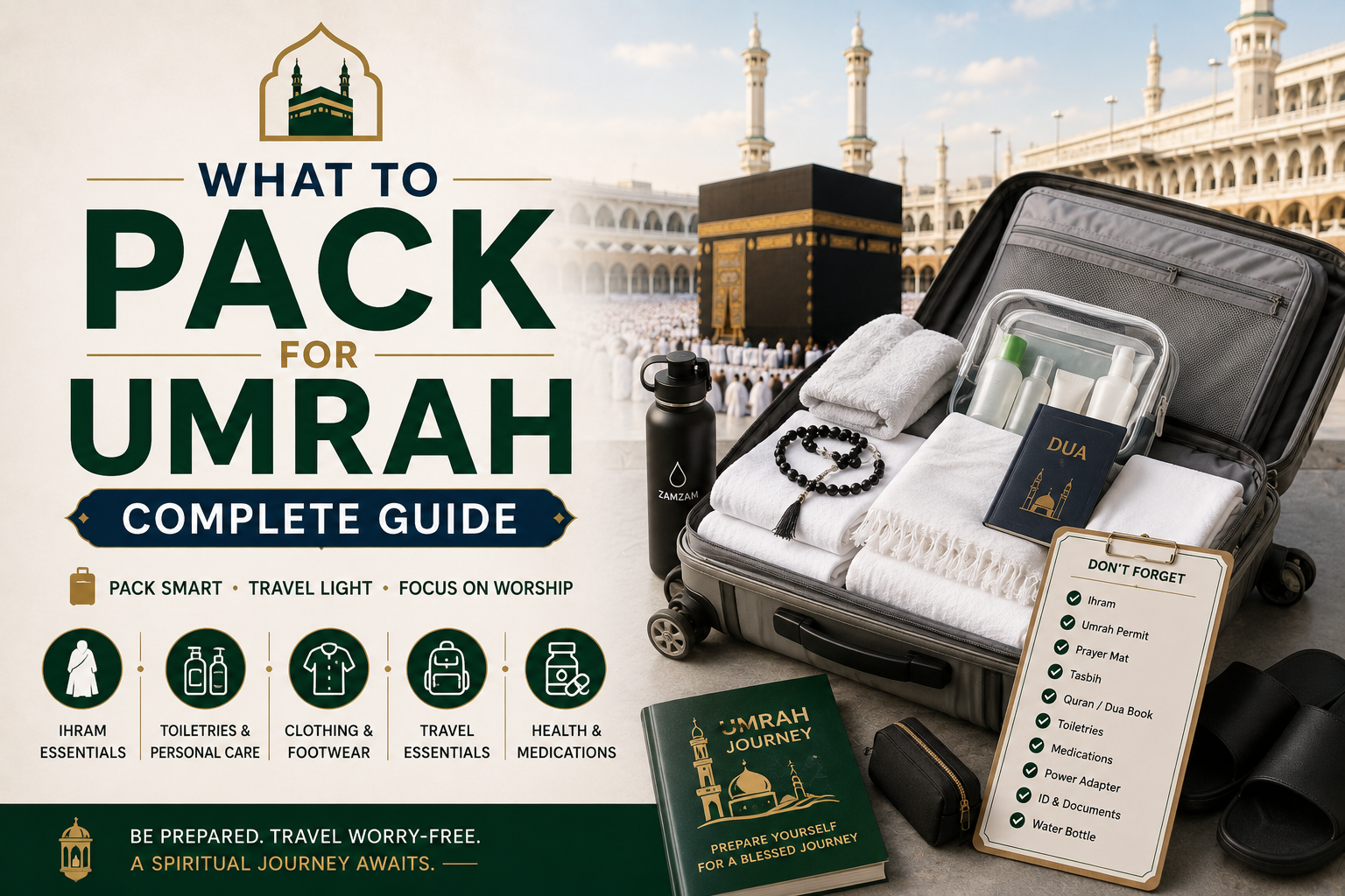 Pilgrim preparing luggage with Ihram clothing, travel documents, and essentials for Umrah journey before traveling to Makkah