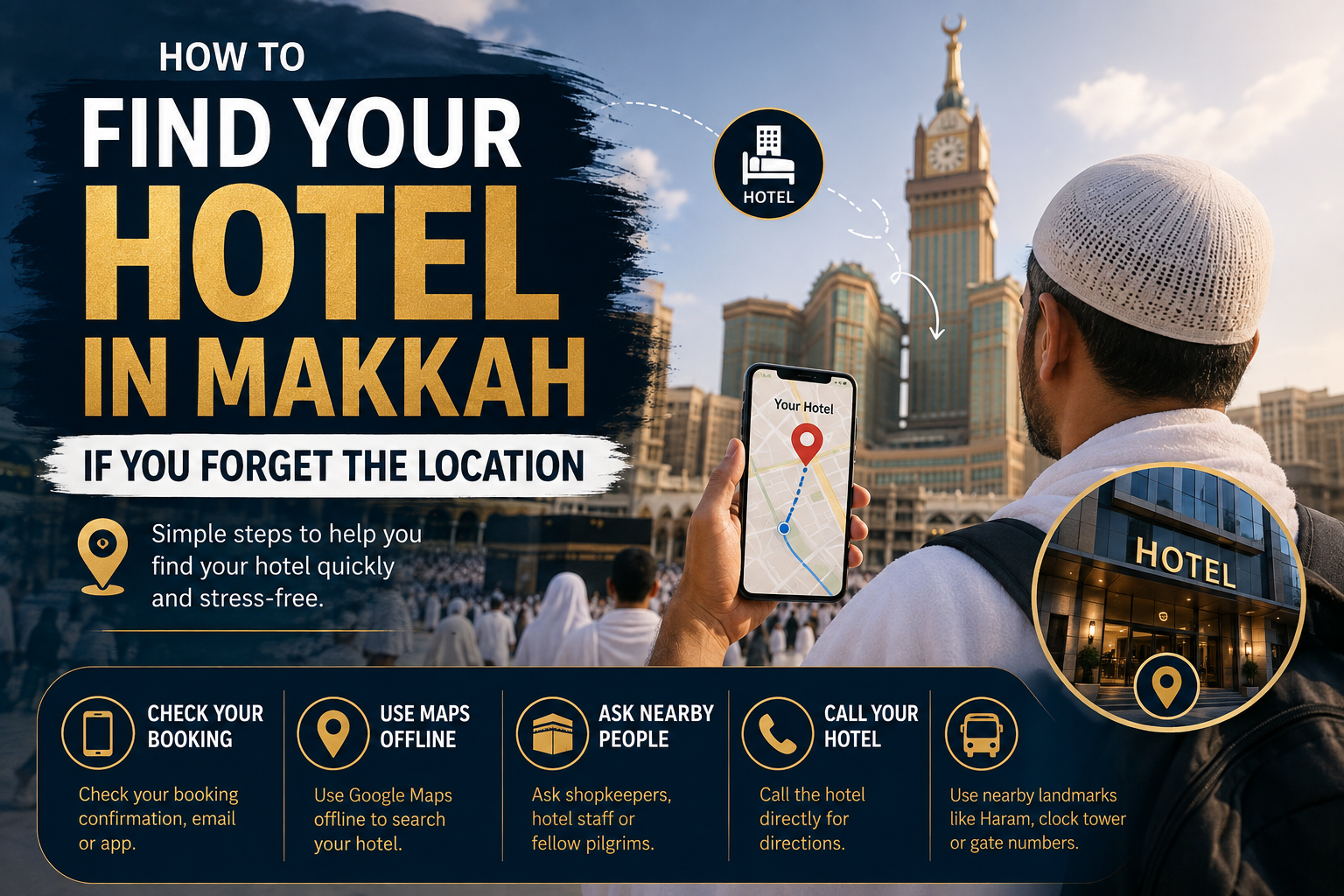 Pilgrim checking Google Maps on smartphone near Masjid al-Haram in Makkah trying to find hotel location during Umrah journey