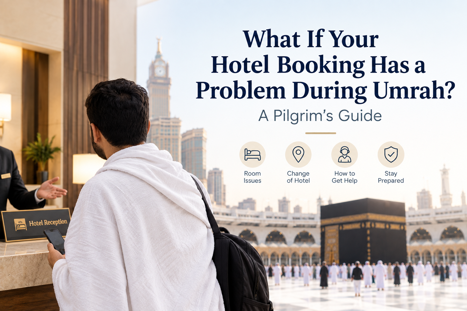 Pilgrim checking a hotel booking at a Makkah hotel during Umrah