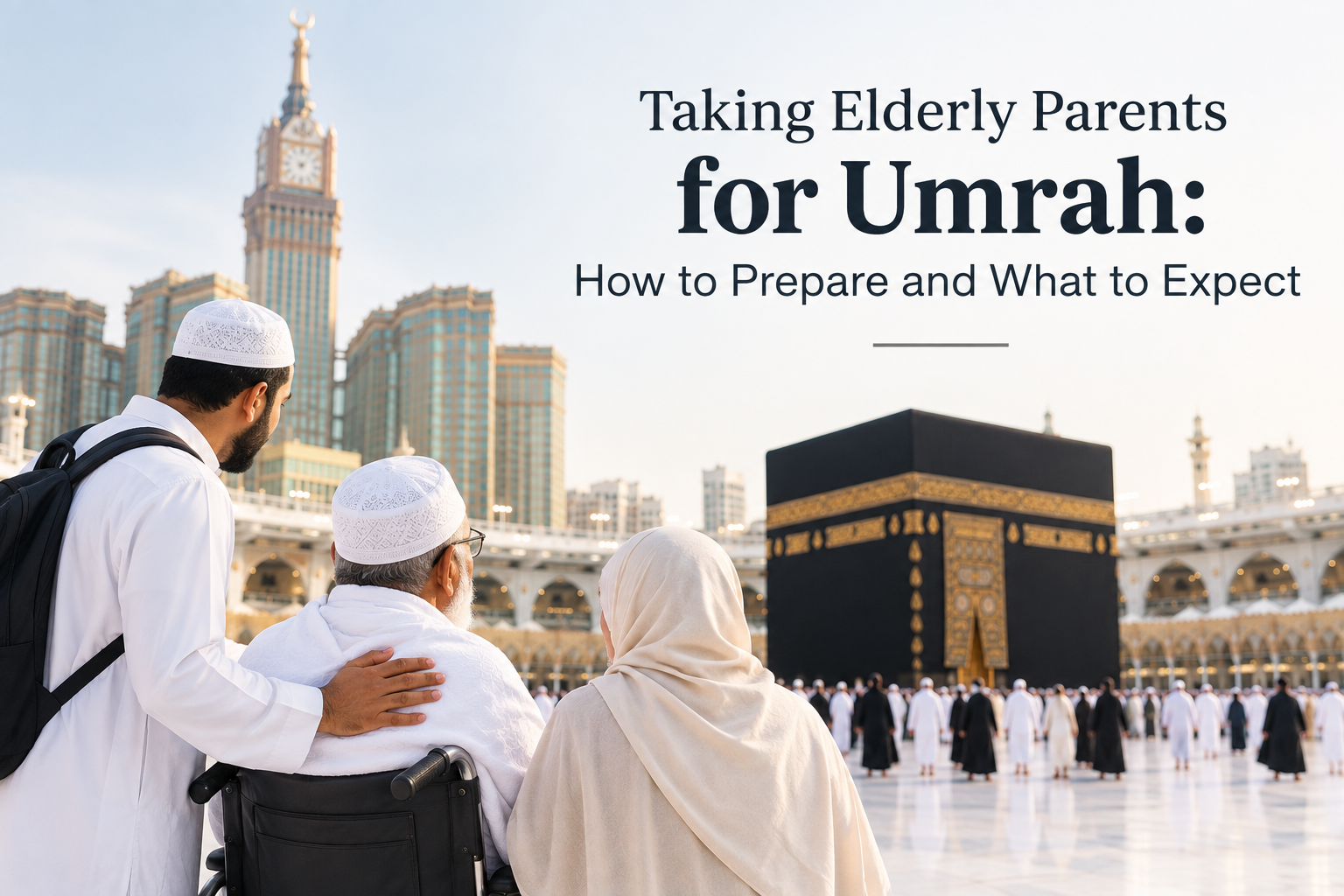 Elderly Muslim parents preparing to perform Umrah in Makkah with their family