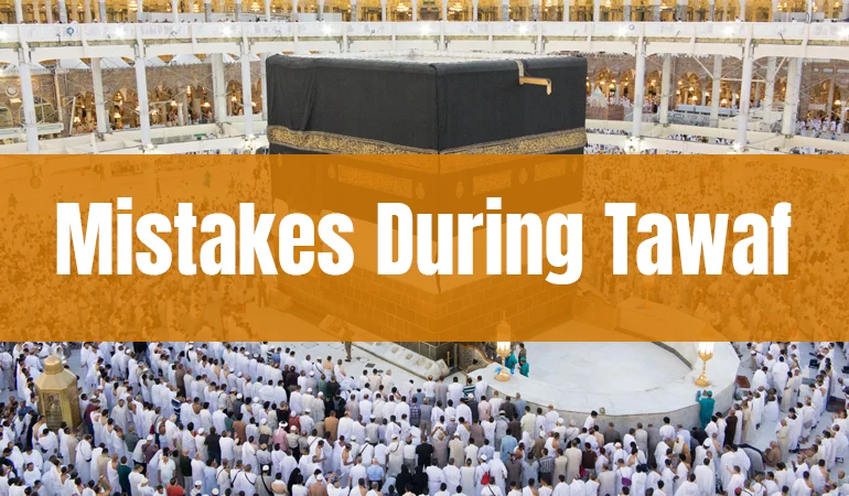 Pilgrims performing Tawaf around the Kaaba in Masjid al-Haram, Makkah, showing the starting point near the Black Stone during Umrah or Hajj
