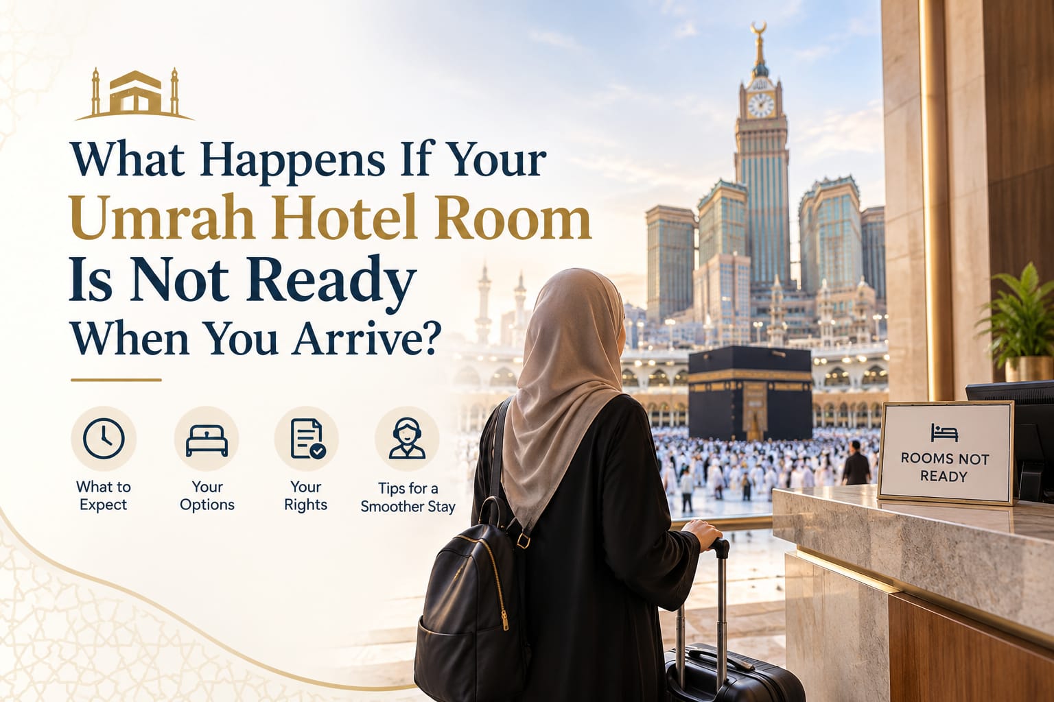 Umrah pilgrims arriving at a hotel reception in Makkah with their luggage